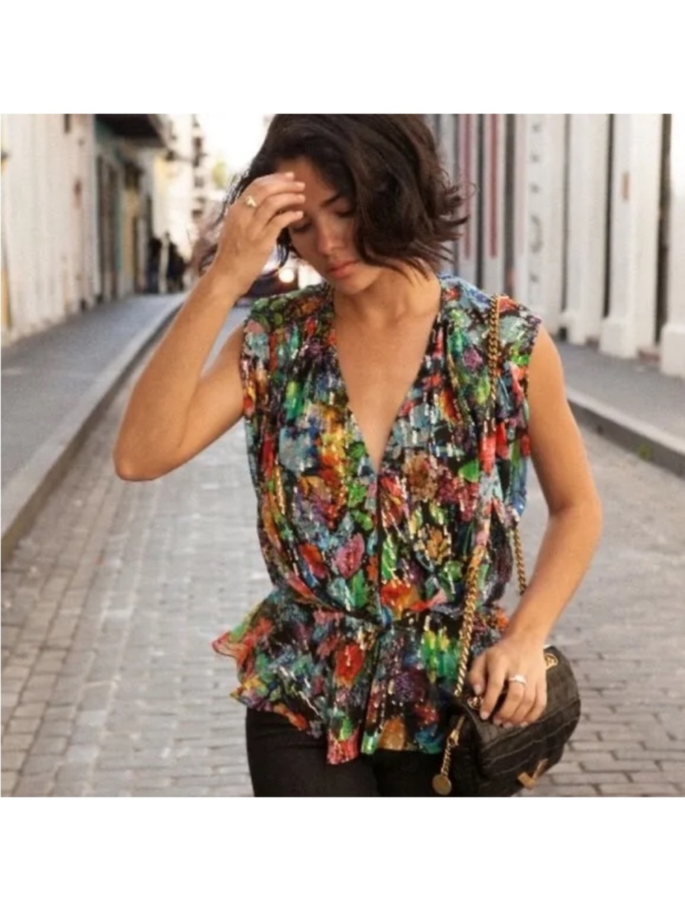 The Kooples Tokyo Night Lurex silk Multicolor V-Neck Sleeveless Peplum
